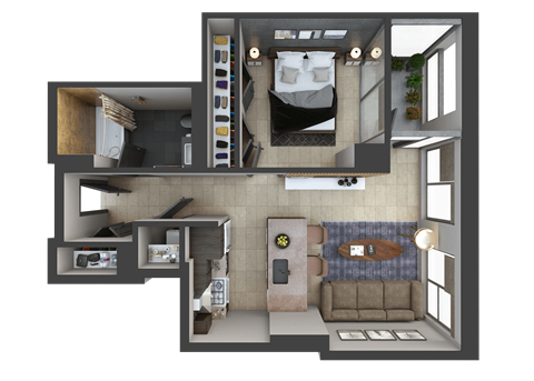 Floor plan for 1 bed, 1 bath, 622 sqft